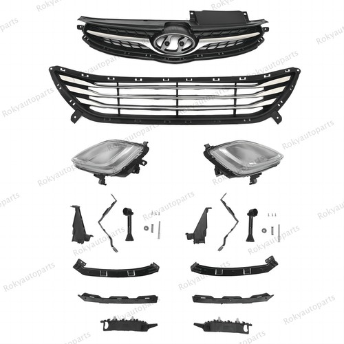 11-Piece Chrome Mesh Grille & Fog Light Kit For 2014-2016 Hyundai Elantra (Front Bumper, Black Housing, Halogen) - View #2
