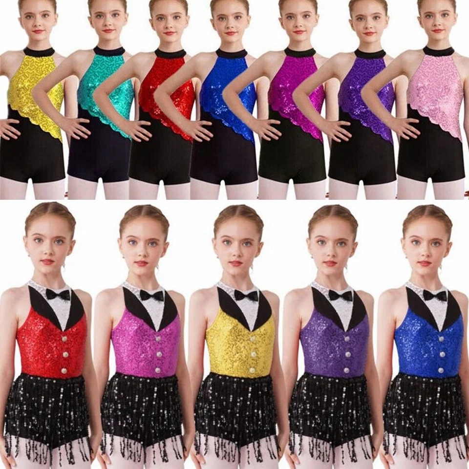 UK Girls Kids Sequins Latin Jazz Dance Leotard Dress Ballet Dancewear Costume - Image 2 of 4