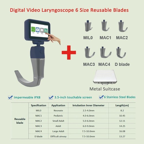 Laringoscopio de video con pantalla táctil de 3,5 pulgadas 6 tamaños cuchillas de metal reutilizables para elegir - Imagen 2 de 21