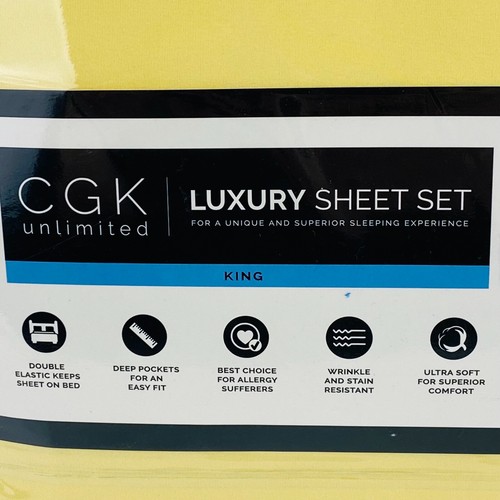 CGK Unlimited Luxury Bed Sheet Set King Size Yellow Deep Pockets Double Elastic - Picture 2 of 7