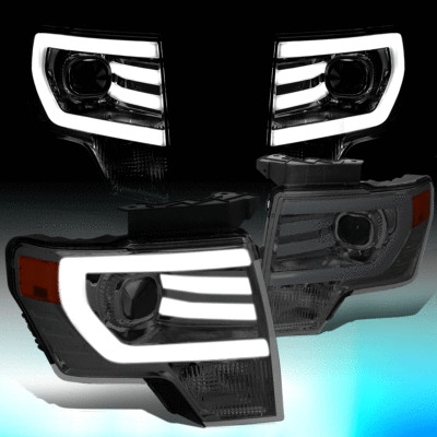 FOR 2009-2014 FORD F150 LED BAR DRL PROJECTOR HEADLIGHT HEADLAMPS SMOKED AMBER