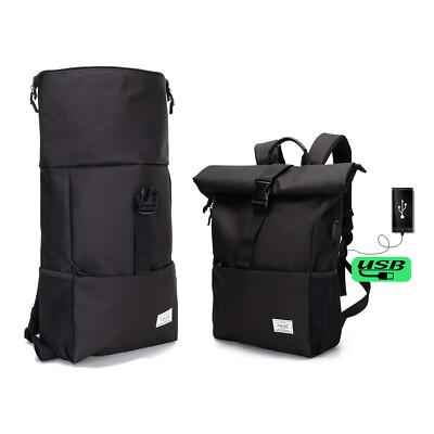 MoFut Damen Herren Rolltop Rucksack Backpack Schulrucksack USB, Schwarz