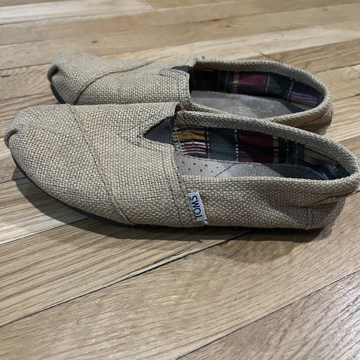 Toms Shoes Womens Tan Natural Burlap Alpargata Plaid Tweed Slip