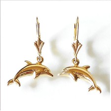 14K Solid Yellow Gold 3D Happy Dolphin Lever back Earring. Length: 1 1/4  E2450