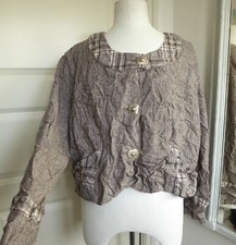 Neslay Boxy Jacket Crinkle Tweed Look Tartan Trim Arty Lagenlook Boho Quirky L