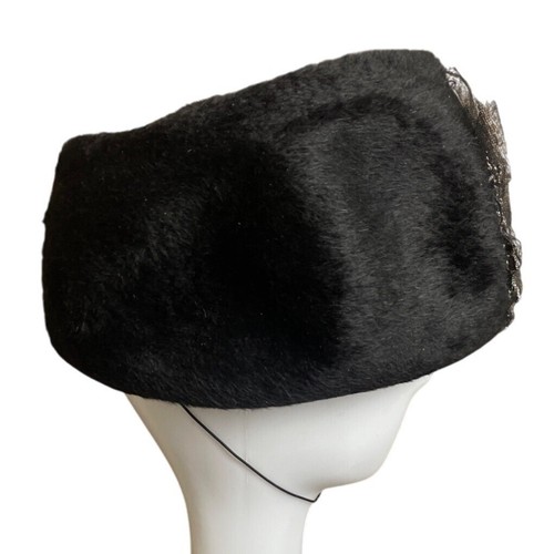 Vintage Black Faux Fur Pillbox Hat With Rhinestone & Mesh Accents - Picture 3 of 8