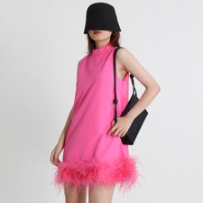 Women Solid Round A-line Neck Sleeveless Faux Ostrich Hair Hem Loose Dress