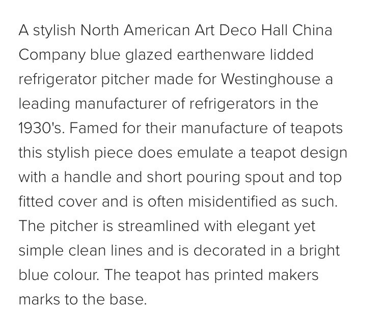 vintage Hall China Co USA Pitcher Westinghouse Streamline water jug blue 40s MCM