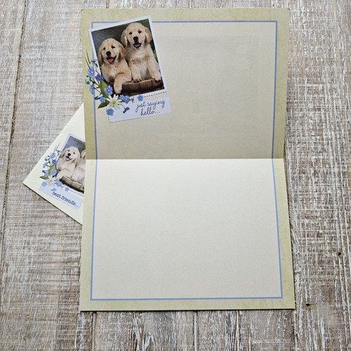 Nueva tarjeta de felicitación para principiantes amigos cachorros flores púrpuras sobre a juego - Imagen 4 de 9