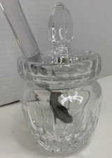 Marquis by Waterford  Cut Crystal Condiment Jar w/Lid & Clear Acrylic Spoon 6"