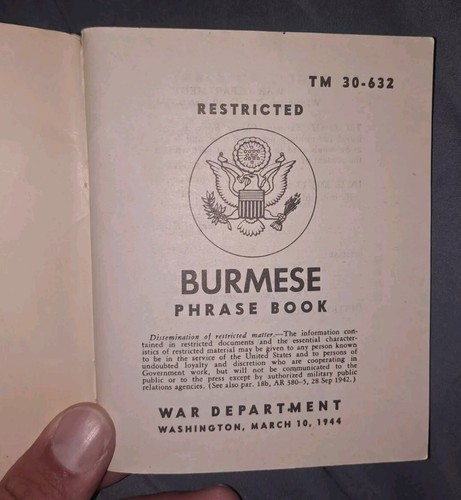 WW2 Burmese PHRASE BOOK TM 30-632 DATED 1944 - Picture 3 of 3
