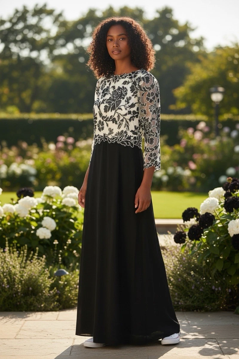 TADASHI SHOJI ブラック 長袖 プリーツスカートドレス 6サイズ chr25361l_black_nude_front_800