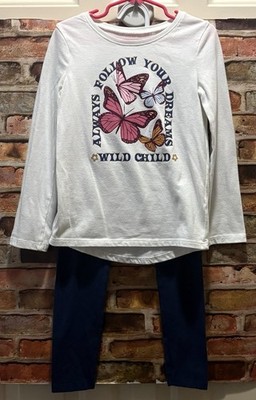 Jumping Beans 2 Piece Set White Butterfly T-Shirt Size 5 Navy Leggings Size 6X