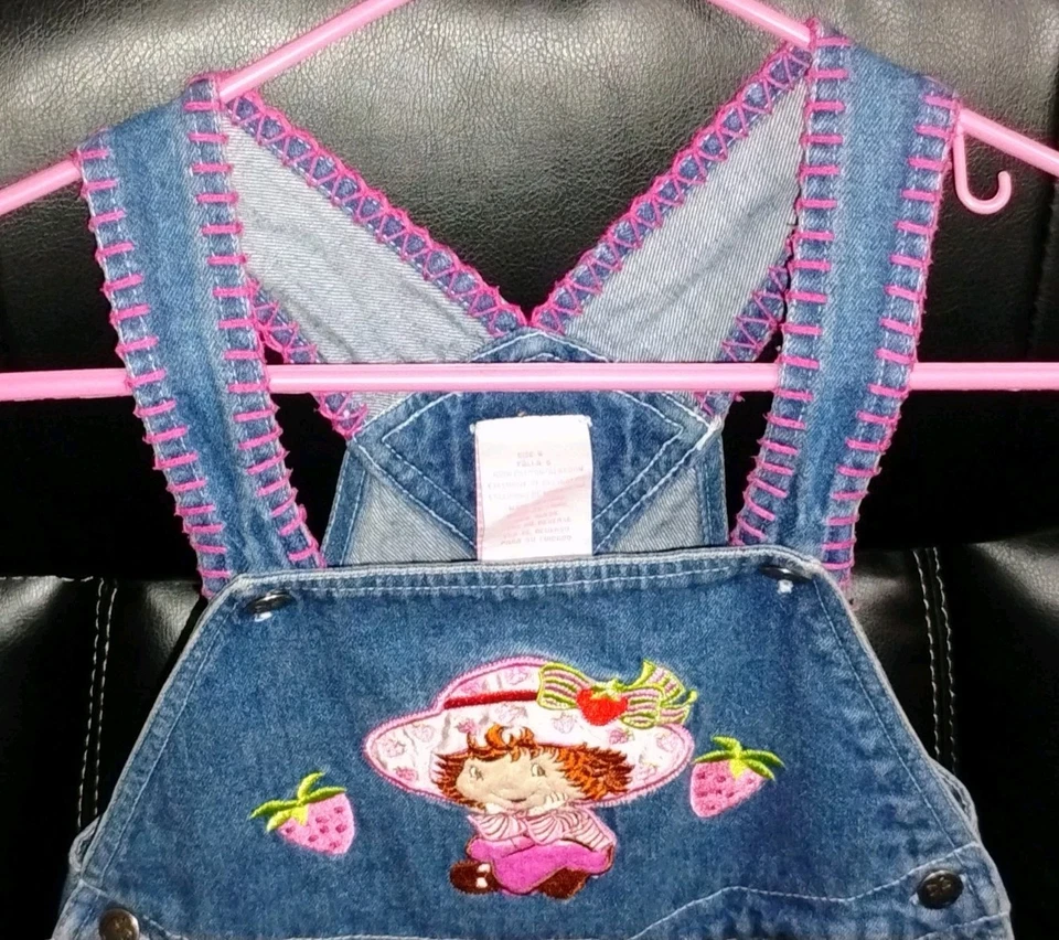 Y2K  Strawberry Shortcake 6 Young Girl Jeans Overalls Dress Denim Wear 2000's - Image 2 of 4
