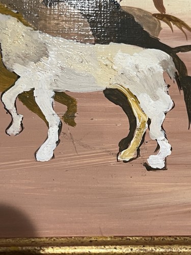 Pintura al óleo original vintage sobre tabla de madera rebaño abstracto de caballos y vacas salvajes - Imagen 5 de 10