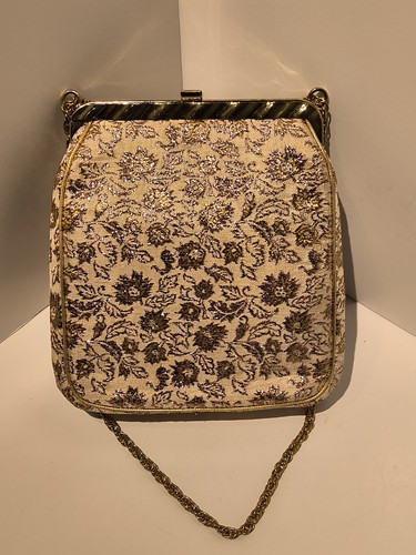 Vintage Ladies Evening Purse Rose Gold Floral Tapestry With Chain Strap - Picture 7 of 17