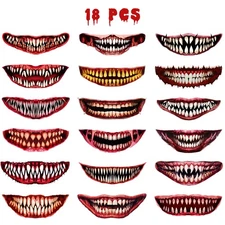 18 Sheets Halloween Temporary Tattoo Stickers Scary Big Mouth Tattoo Stickers