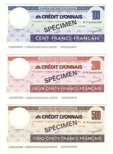 Series 3 Crédit Lyonnais Traveller-Check Specimens, 100, 200 and 500 F with p