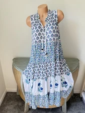 Chelsea & Theodore Tiered Maxi Dress 1X Ruffled Tie Neck BEACH Peasant Boho Cute