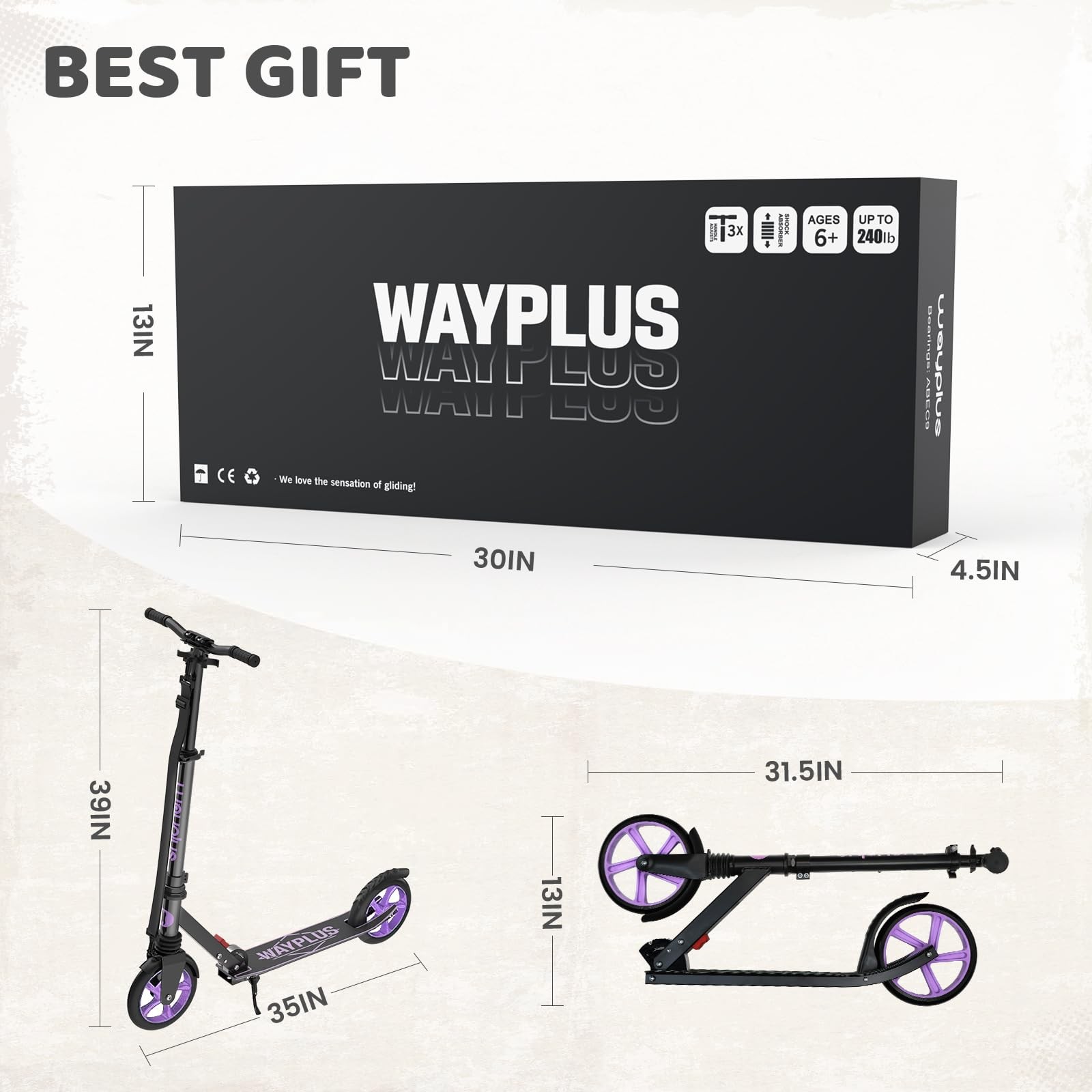 WAYPLUS Kick Scooter for Ages 6+,Kid, Teens  Adults. Max Load 240 LBS. Foldab...