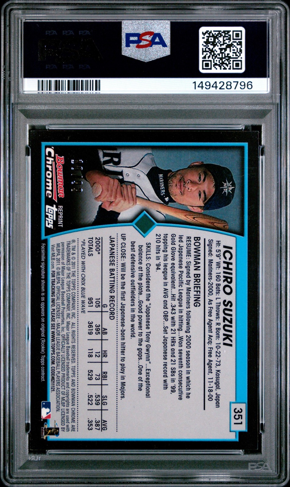 Ichiro Suzuki 2011 Bowman Chrome Throwback Refractor /99 PSA 9 #351 Seattle view 2