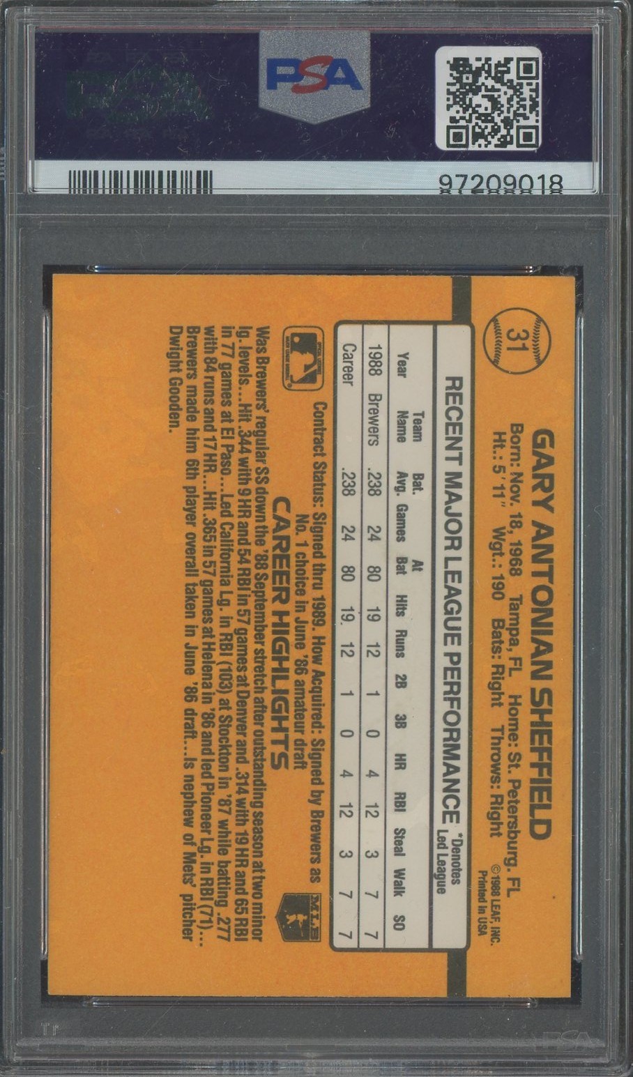 Gary Sheffield Signed 1989 Donruss #31 Brewers RC Rookie PSA/DNA 10 AUTO view 2