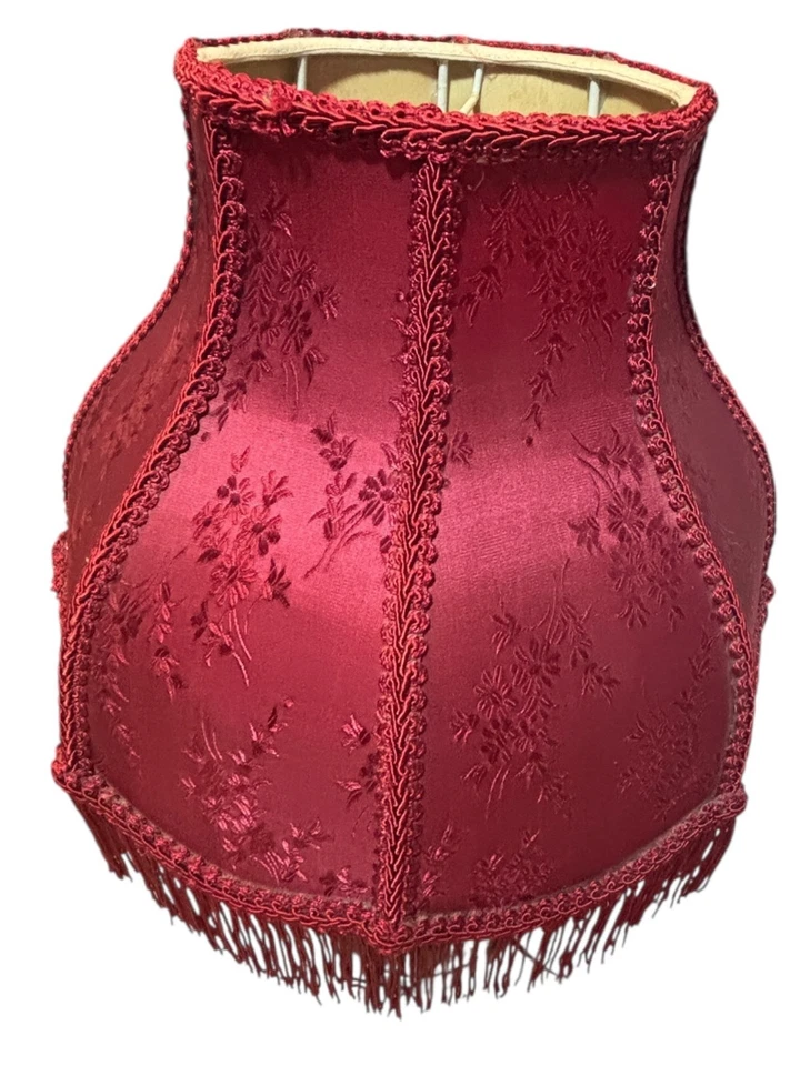 Vintage Burgundy Fabric Bell Shape Lampshade With Floral Pattern & Fringe Detail - Image 2 of 4
