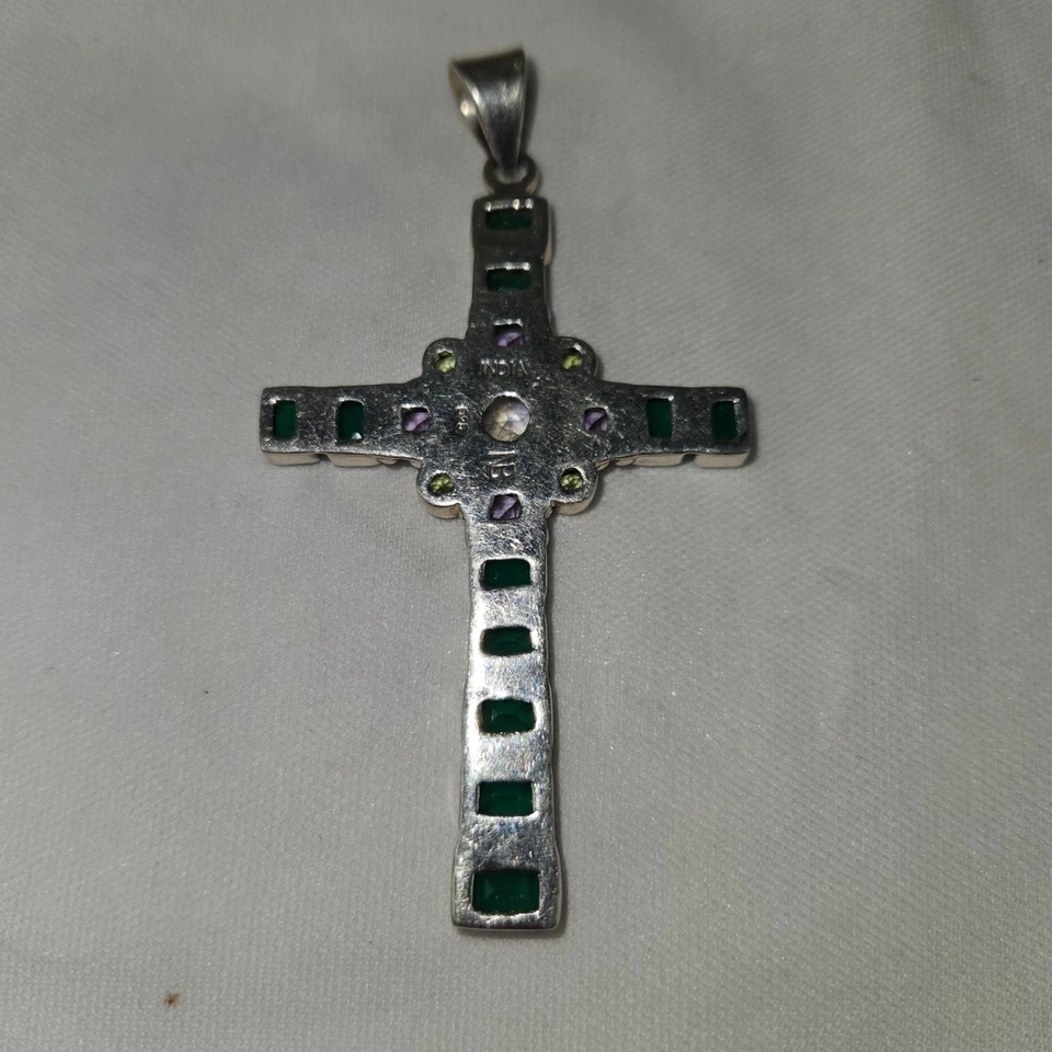 Nicky Butler 925 Sterling Silver Green Multi Gemstone Cross Pendant RARE - Image 4 of 4