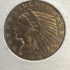 1914-S $5 Indian Head Gold Half Eagle Breast Feathers