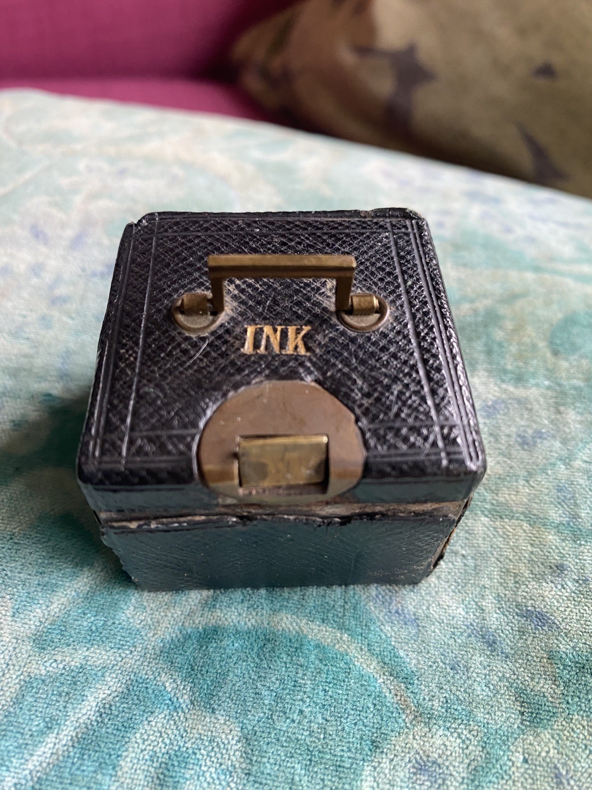 Black leather petite Antique Travelling Ink Well