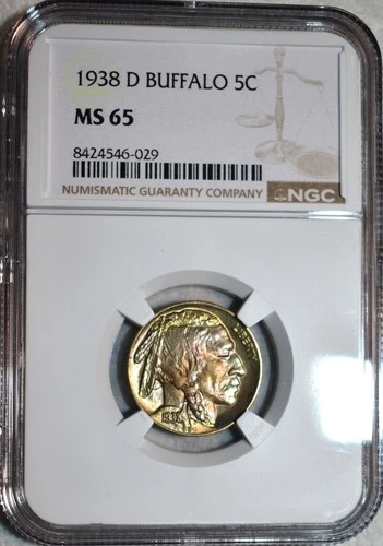 NGC MS-65 1938-D Buffalo Nickel, Beautiful, Pastel-Hued, Rainbow Toning!