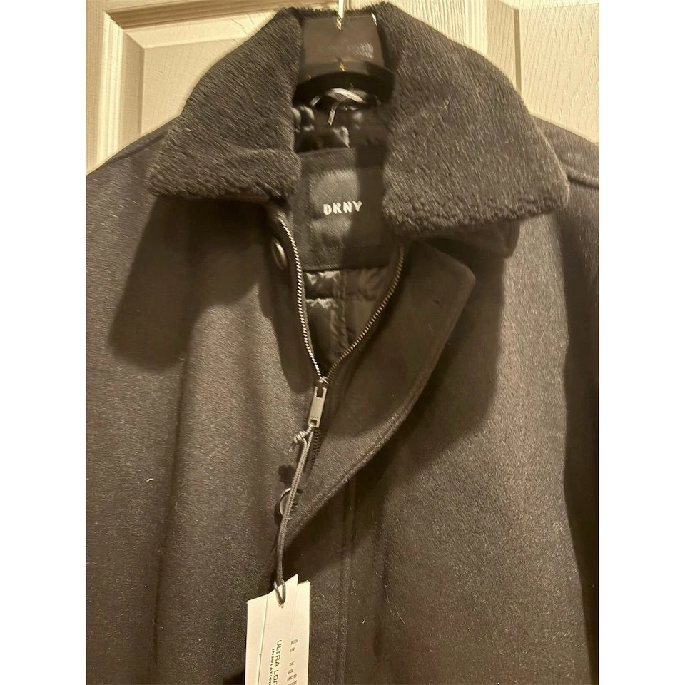 DKNY Men's Overcoat L Black Wool Blend Winter Warm Sherpa Collar NWT  Men’s L - Image 2 of 4