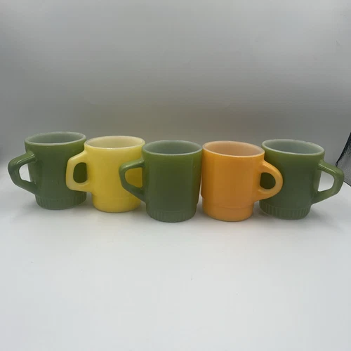 Vintage Anchor Hocking Fire King Mugs Lot Of 5 Green Yellow Orange