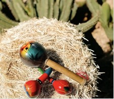 Lot of 3 Handpainted Coconut Shell / Gourd Shakers Marracas Percussion Used