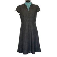 Talbots Dress Womens 10P Petite Black Eyelet Lace V Neck Fit & Flare Cotton