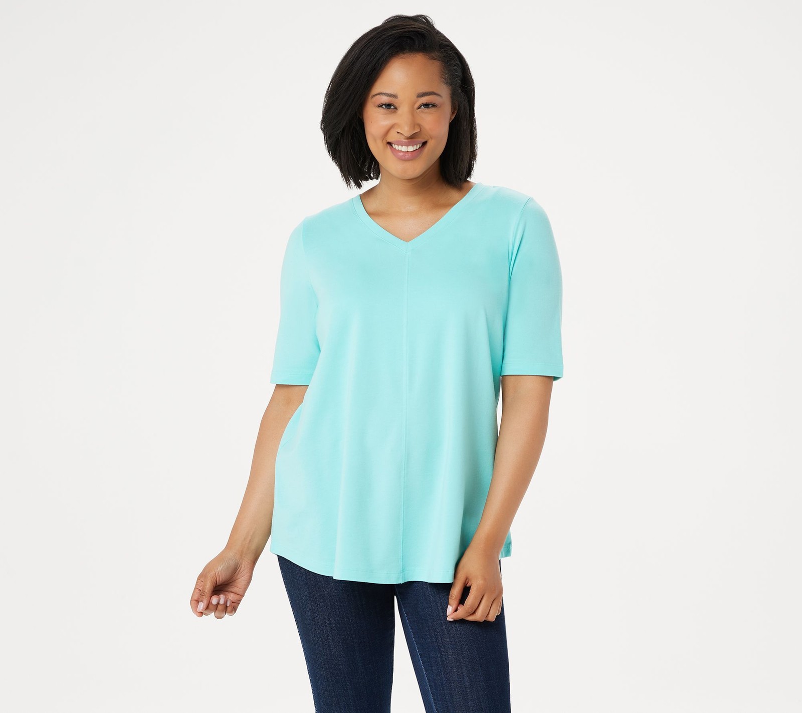Denim & Co. Women's Top Sz L Essentials Elbow Sleeve Seaming Detail Blue A278986