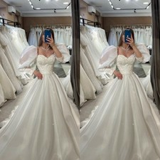 Elegant Wedding Dresses Puff Sleeves A Line White Ivory Sweep Train Bridal Gowns