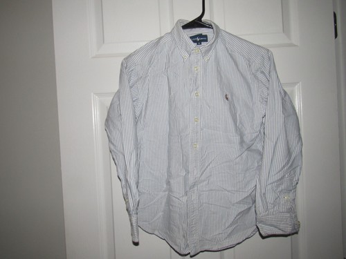 RALPH LAUREN Boy's Size 10 Button Up Shirt Blue White Stripe Tan Pony Long Slv - Picture 4 of 5