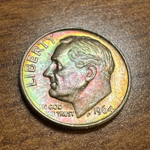 1964 Roosevelt Silver Dime Uncirculated Rainbow Toning