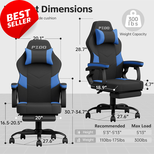 Ergonomic Gaming Chair with Footrest Lumbar Support PU Leather Black Blue - Picture 3 of 12