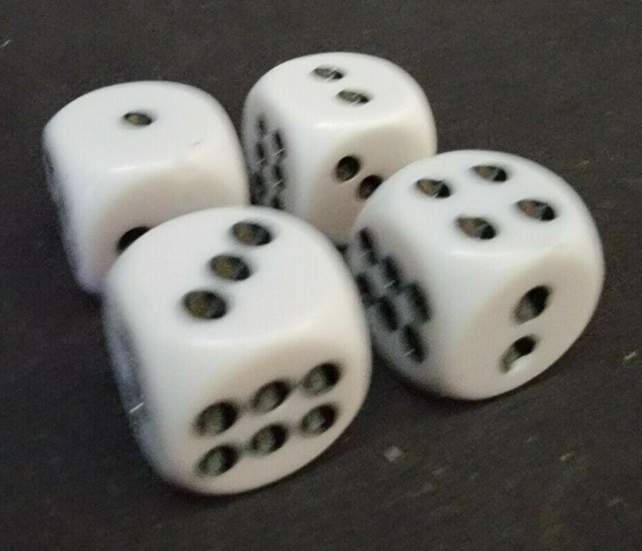 Koplow Games ~ Lot of 4  Six-sided Dice In White with Black Dots (D7)