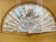 Victorian C1800's French Hand Carved Mother of Pearl and Hand Painted Silk Fan