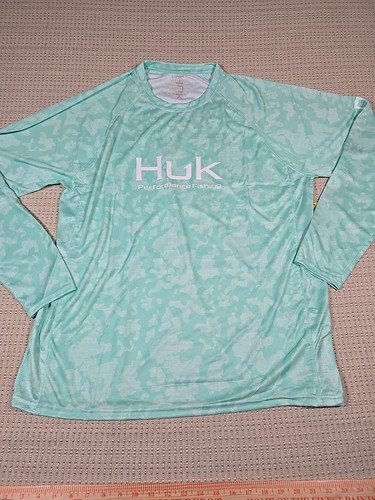 XL HUK Fishing Shirt Mens Green Camo Vented Running Lakes Pursuit UPF 30 Long Sl - Picture 3 of 15