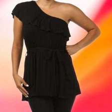 Poliana Plus Boutique Ruffle One Shoulder Tie Waist Tunic Women’s Plus XL Black