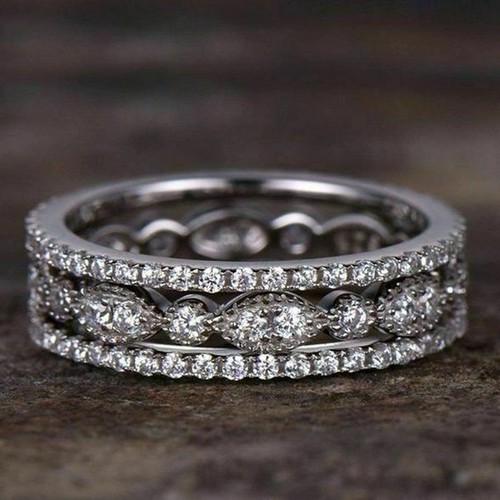 1.55ct White Round Lab Created Diamond Engagement 925 Silver Trio Band Ring Set - Picture 2 of 6