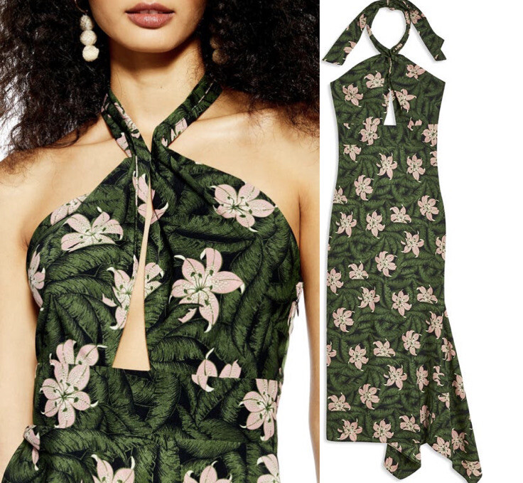 topshop hibiscus halter midi dress NEW TOPSHOP Green TROPICAL Hibiscus FLORAL Halter Neck MIDI DRESS US 4 (fit 0-2)