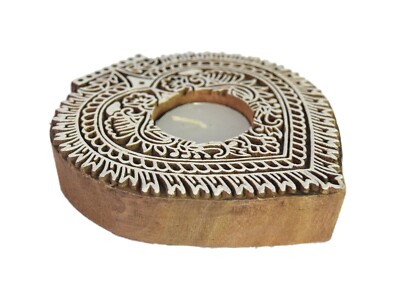 Fabric Wooden Printing Block With Tea Light Candle Unique Candle Holder. i77-192