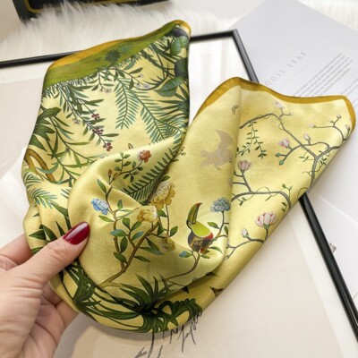 100% Silk 21'' Square Scarf Women Neckerchief Wrap Kerchief Bandana Green Flower