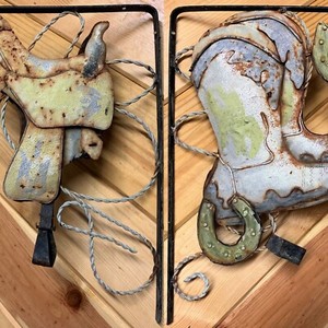 Vtg Old Metal Wall Shelf Brackets Western Cowboy Boot Horseshoe Horse Saddle Set