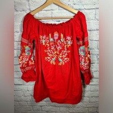 Free People Red Fleur Du Jour off the shoulder embroidered floral dress small
